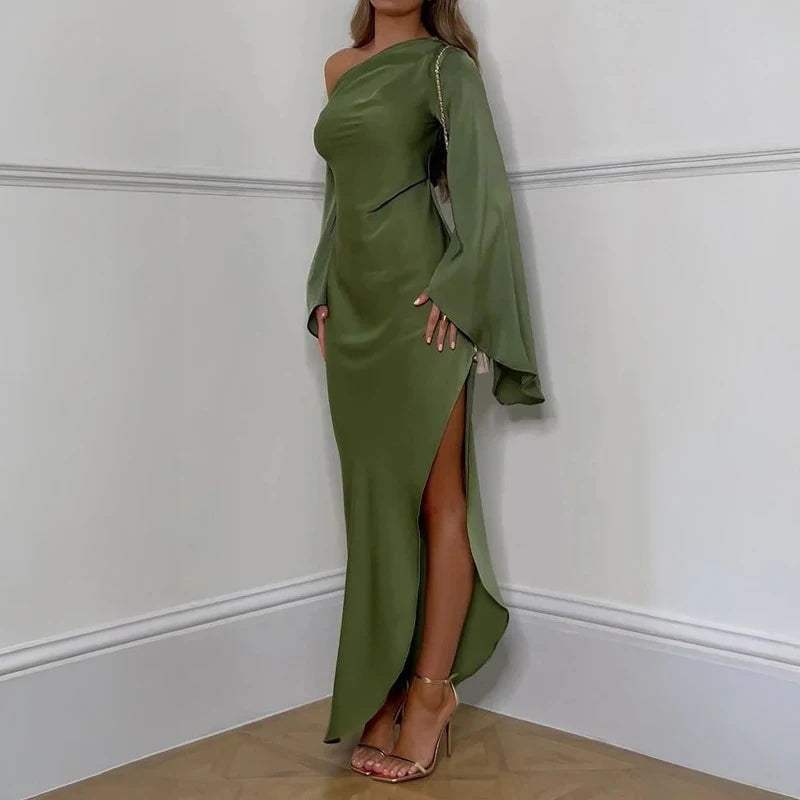 Green Asymmetrical Slim Women Robe Dress Sexy Off Shoulder Long Sleeved Party Dress 2024 Autumn Elegant Side Split A-line Dress - Seprincess