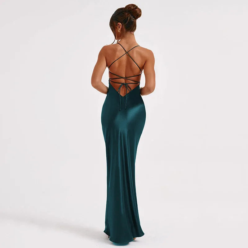 Summer Long Dress Women Evening Dresses Fashion Sexy Club Party Dresses Suspender Satin Dress Backless Strappy Waist Long Skirt - Seprincess