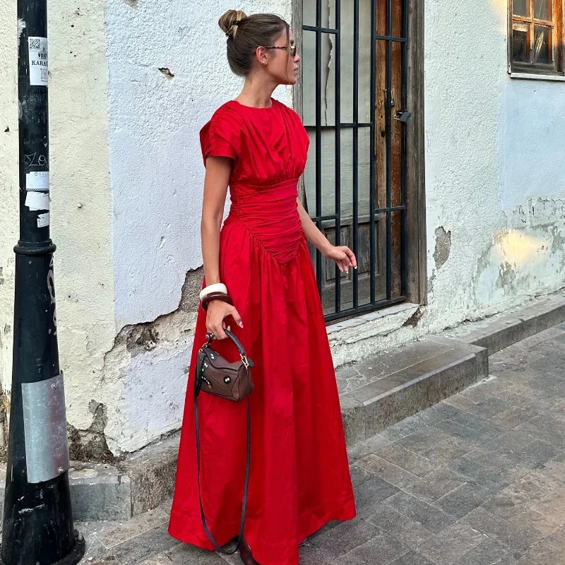 Women Red Irregular Pleated Wrap Waisted Maxi Dress Elegant O Neck Sleeveless Slim Long Dresses Chic Lady Party Street Robes - Seprincess