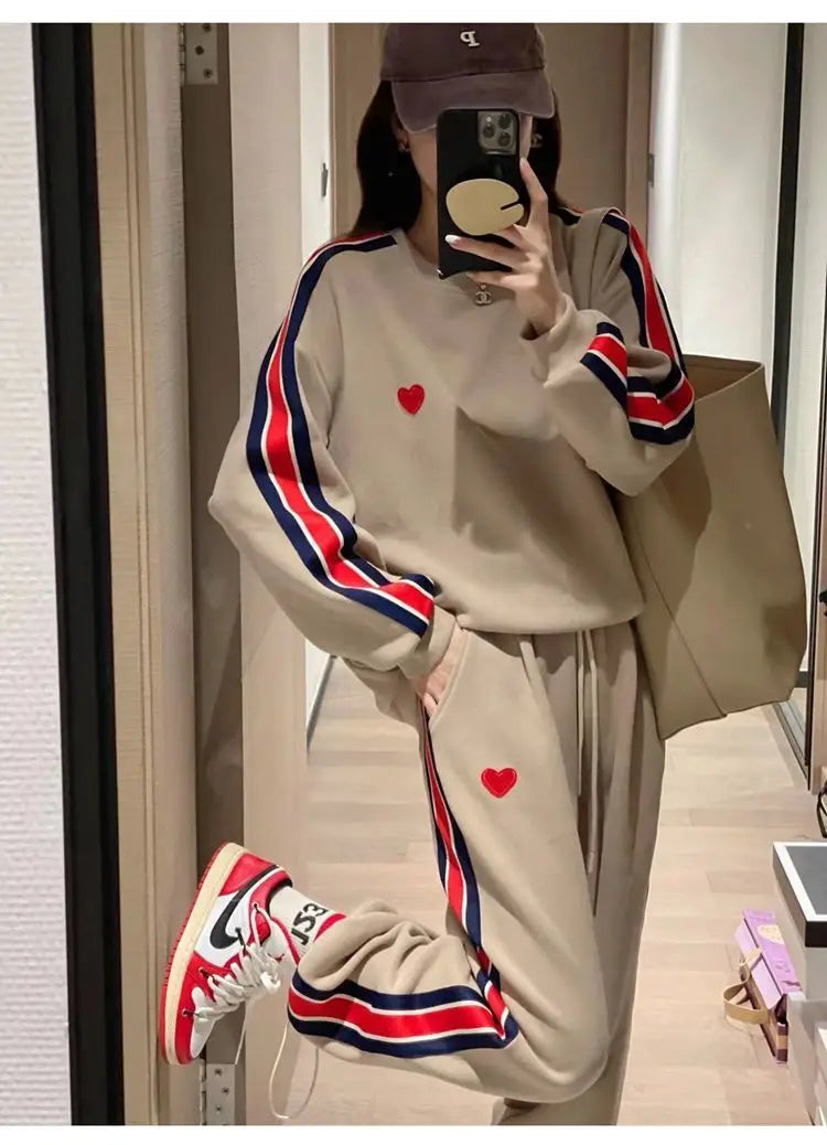 Autumn Cute Love Embroidery Pant Sets Two Pieces Tracksuits Khaki Side Striped Sweatshirt Women Girls Loose Sporty Korean Style - Seprincess