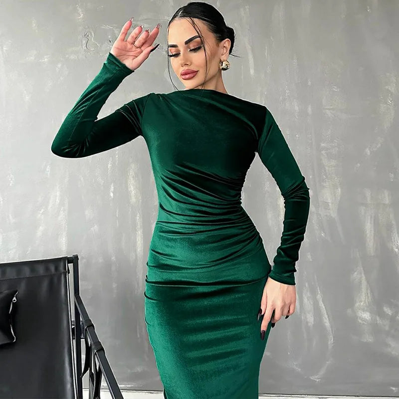 Dulzura 2024 Spring Summer Velvet Long Sleeve Midi Dress For Women Ruched Long Dress Elegant Party Clothes Evening Green Outfits - Seprincess