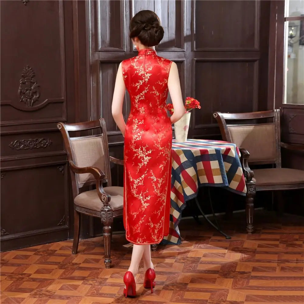 Floral Print Cheongsam Dresses Mandarin Collar Vintage Bodycon Dresses Maxi Chinese Style Chinese Qipao Evening Dress - Seprincess