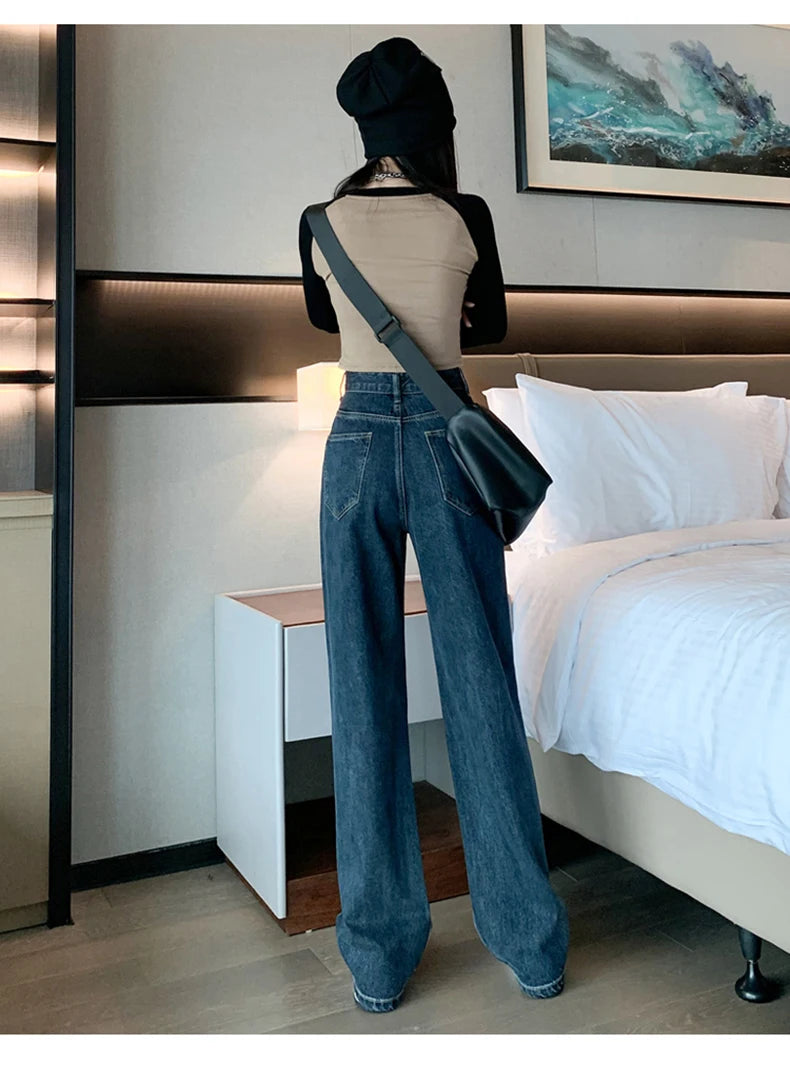 Jielur Dark Blue Straight Basic Female Jeans High Waist Slim Loose Solid Color Simple Women's Wide Leg Pants Chic Office Ladies