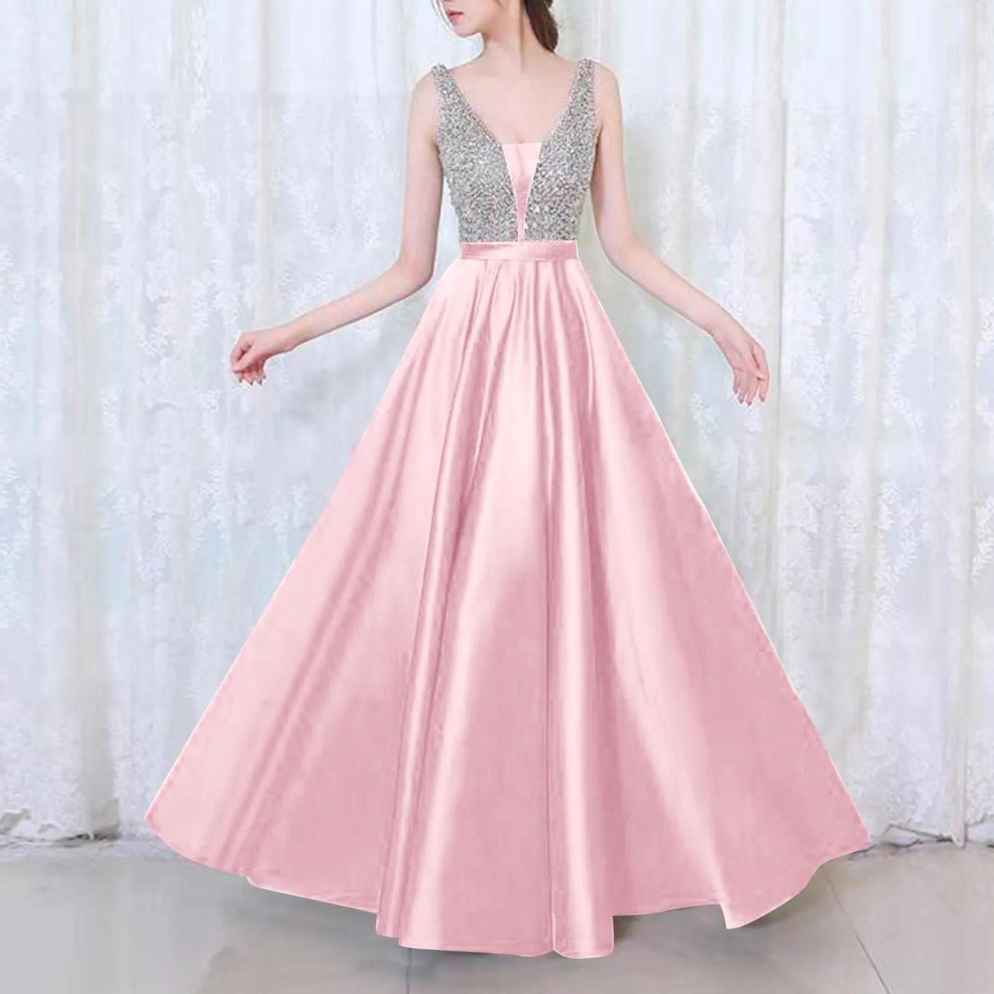 A Line Elegant Sequined Long Prom Dresses Ladies Deep V Neck Solid Color Satin Ruffles Formal Party Dresses Bridesmaid Dress - Seprincess