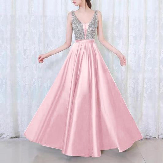 A Line Elegant Sequined Long Prom Dresses Ladies Deep V Neck Solid Color Satin Ruffles Formal Party Dresses Bridesmaid Dress - Seprincess