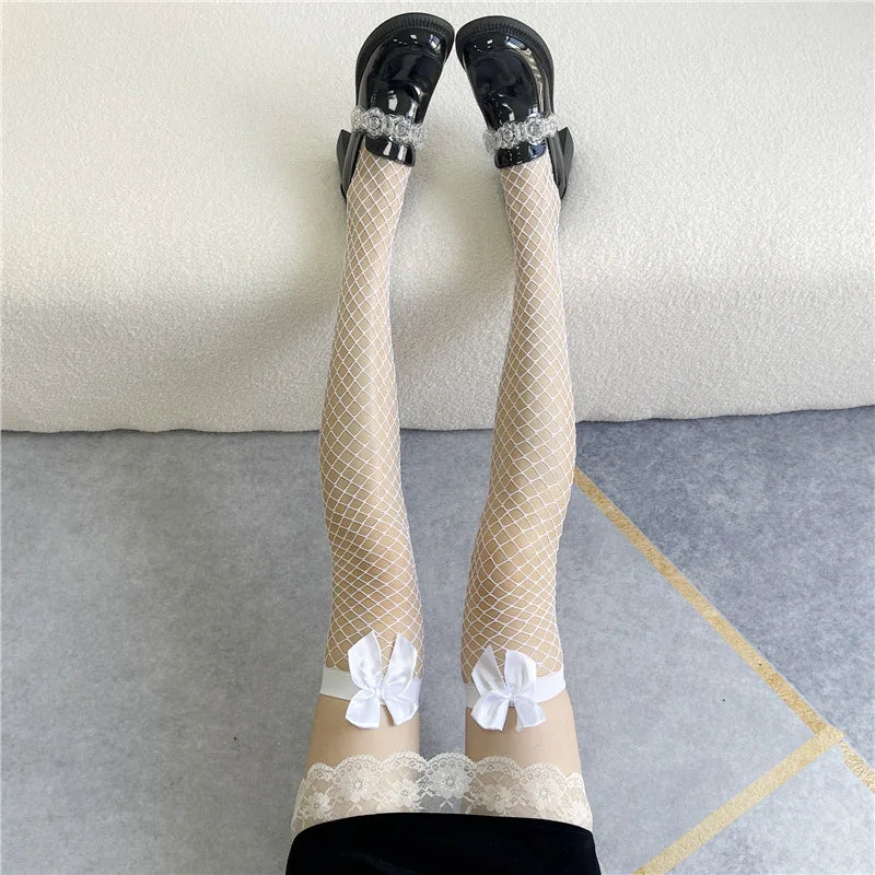 White Silk Bow Stockings Women's Japanese JK Over-the-knee Stockings Sexy Lace High Thigh Fishnet Socks Long Lolita Socks