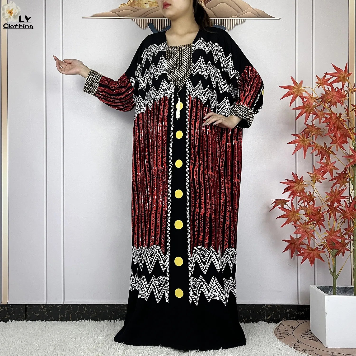 2024New Dubai Party Dress Muslim Femme Long Sleeves Printing Sequins Loose Boubou Maxi Islam Women Cotton African Abaya Clothing - Seprincess