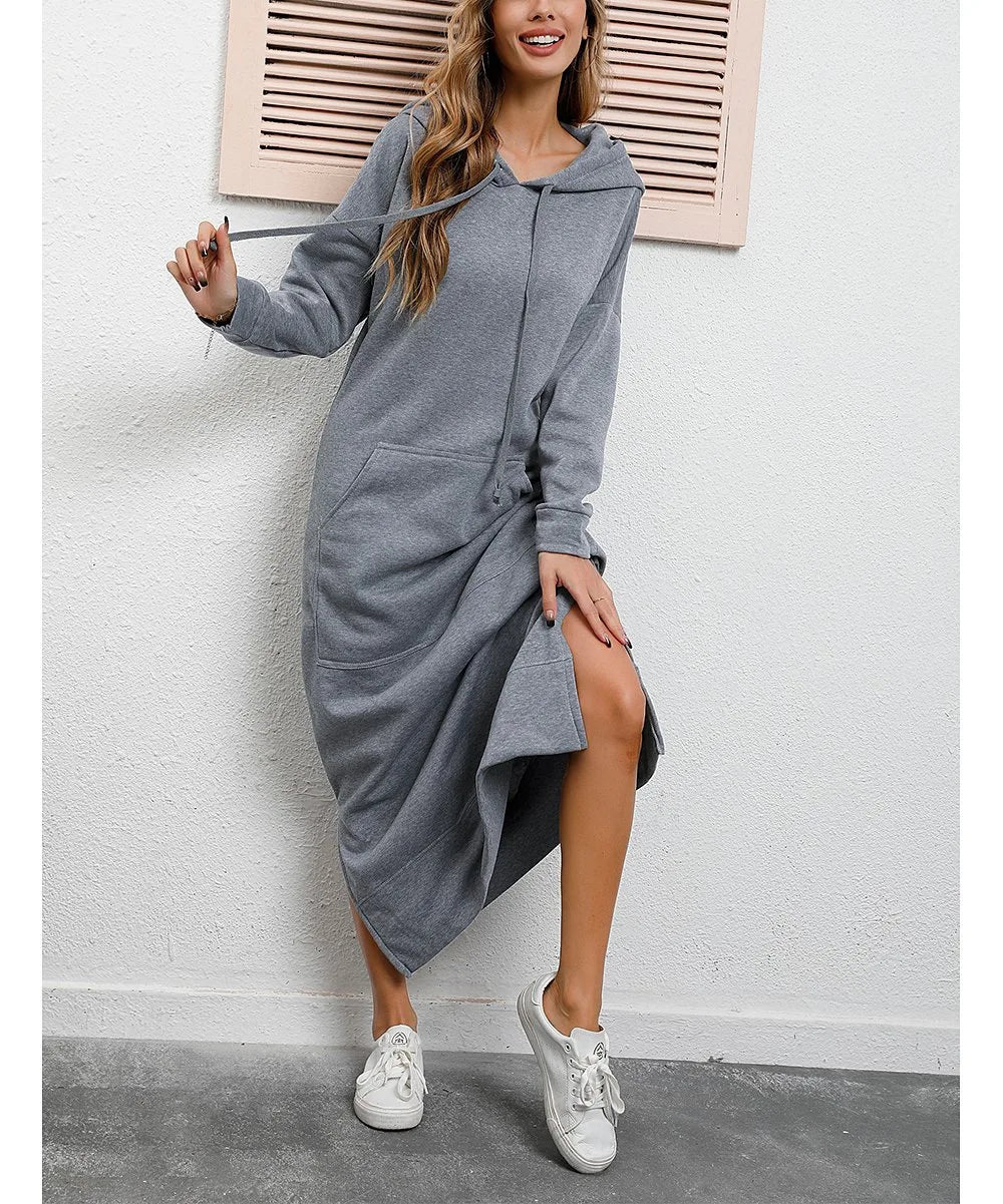 Women Dresses Autumn Winter hoodies Hooded Big Pocket Sweaters Dress Long Sleeved Casual Loose Elegant Office Lady Vestidos - Seprincess