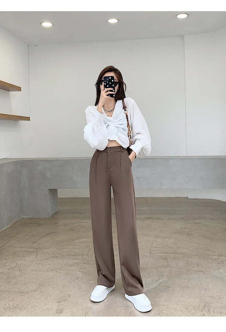 Casual High Waist Loose Wide Leg Pants for Women Spring Autumn New Female Floor-Length White Suits Pants Ladies Long Trousers