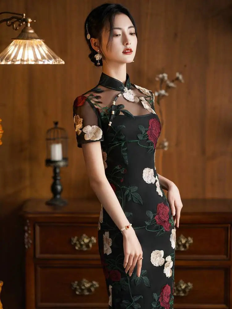 Black Lace Embroidered Flower Cheongsam Spring Summer New Retro Improved Young women's Clothing Women Elegant Daily Qipao - Seprincess