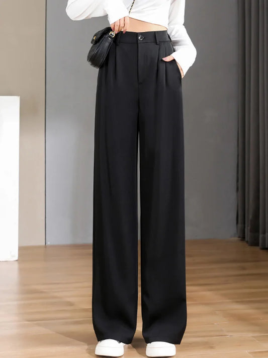 Women Chic Office Wear Straight Pants Vintage High Ladies Trousers Baggy Korean 2024 Spring/Summer/Autumn Wide Leg Female