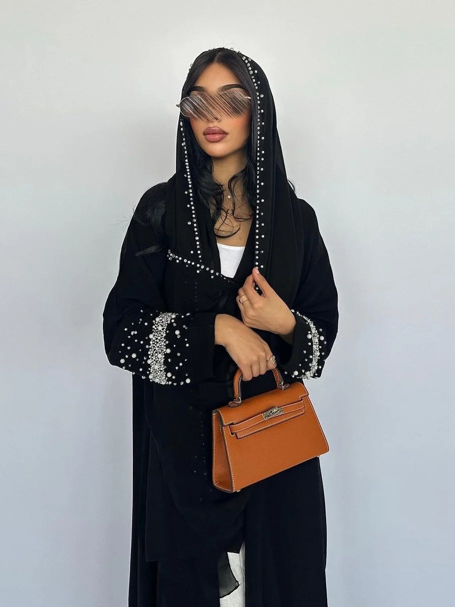 Eid Muslim Diamond Pearls Abaya for Women with Scarf  Abayas Jalabiya Party Dresses Dubai Kaftan Vestidos Largos Long Robe 2024 - Seprincess