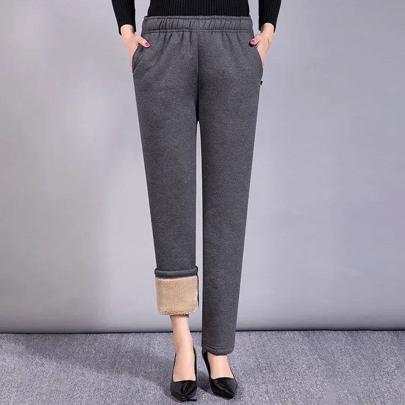 Thickened Fleece-lined Warm Loose-fit Sheep Velvet Outer Wear High-waisted Cotton Wadded Trousers Winter Sweatpants Women