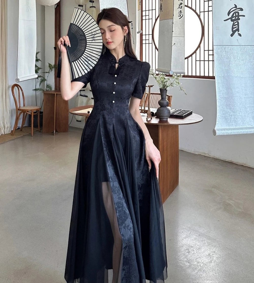 Women Fashionable New Cheongsam Black Advanced Mysterious Dress Qipao Improvement New Chinese Style Elegant Dress Summer - Seprincess