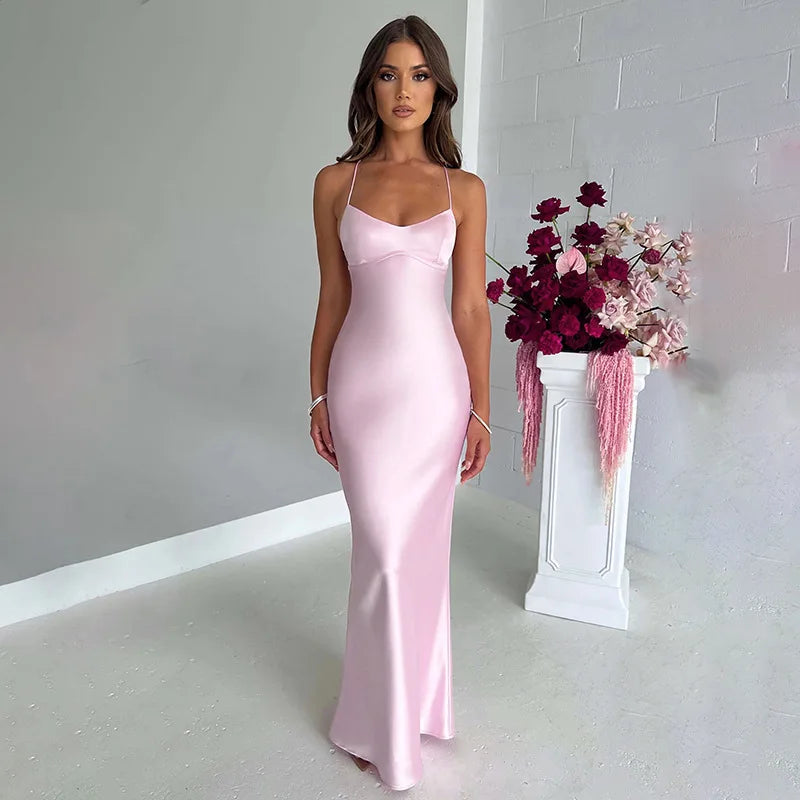 Summer Long Dress Women Evening Dresses Fashion Sexy Club Party Dresses Suspender Satin Dress Backless Strappy Waist Long Skirt - Seprincess