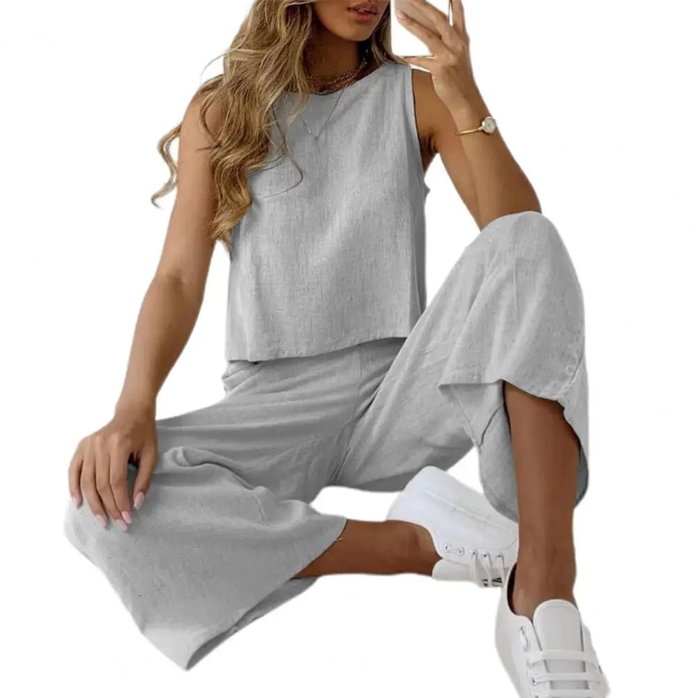 2023 Summer Two Piece Sets Women Sleeveless O-Neck Tank Top Wide Leg Pants Suits Female Casual Cotton Linen Solid Color Outfits - Seprincess