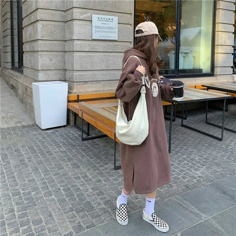 Autumn Winter Women Fleece Thicken Hooded Dress Print Letter Drawstring Korean Fashion Loose Midi Side Slit Oversized Dresses