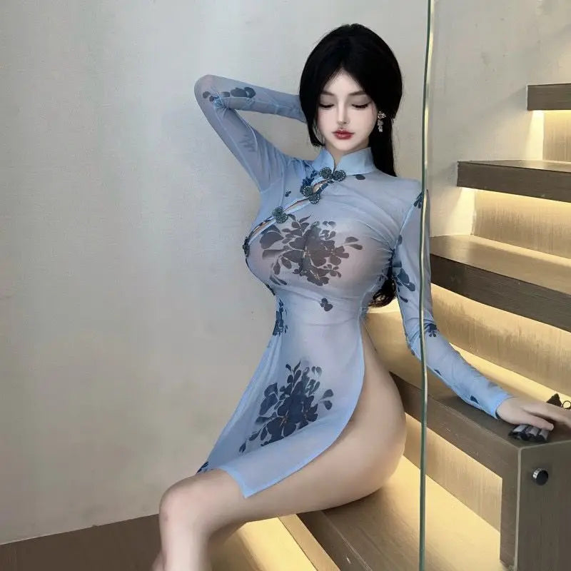 4XL Plus Size Perspective Cheongsam Lingerie Traditional Chinese Style Qipao Uniform High Split Dress Roleplay Erotic Nightdress - Seprincess