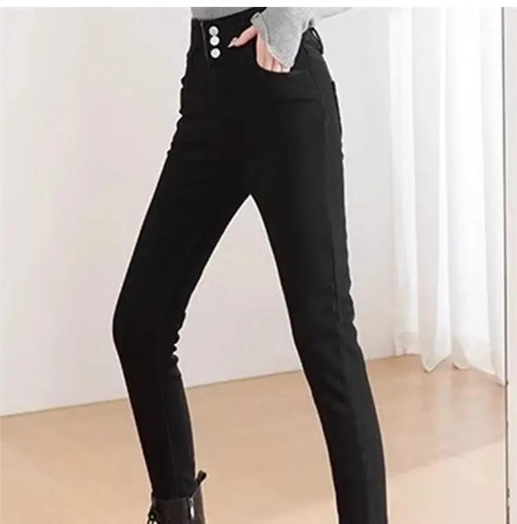 Epligg Thermal Winter Thick Women Stretch Button Pencil Pants Velvet Casual Jeans Thick Fleece High-waist Warm Skinny Jeans