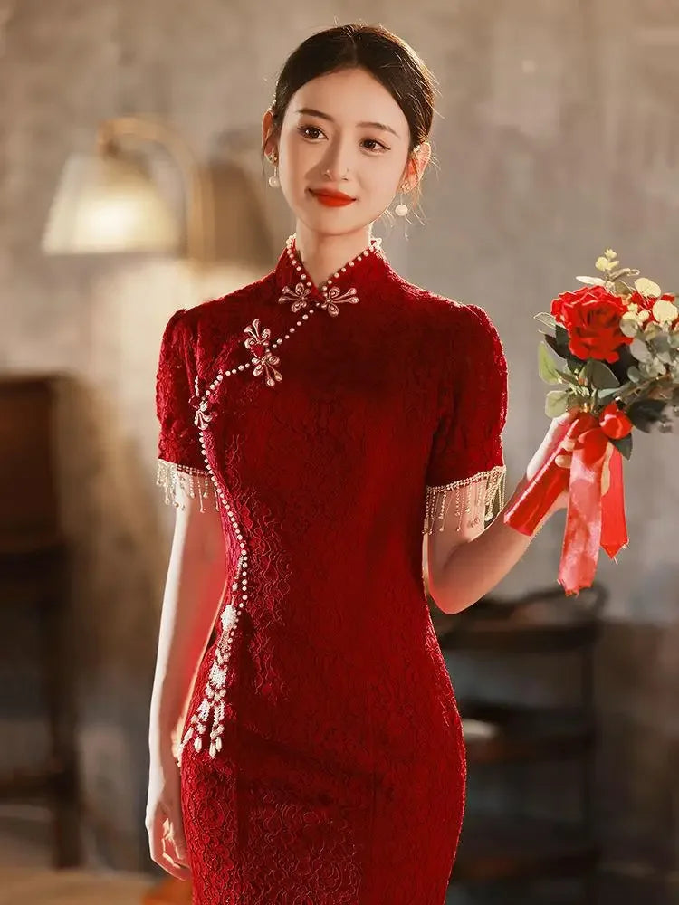 Mermaid Chinese Traditional Dress Red Wedding Bride Toast Clothing Sexy Ladies Cheongsam for Evening Party Woman Vintage Qipao - Seprincess