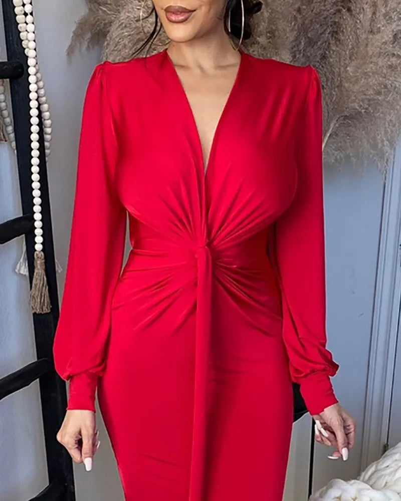 Elegant Deep V Neck Full Sleeve Long Dress For Women Robe Fashion Autumn New Irregular Ruched Bodycon Midi Dress - Seprincess