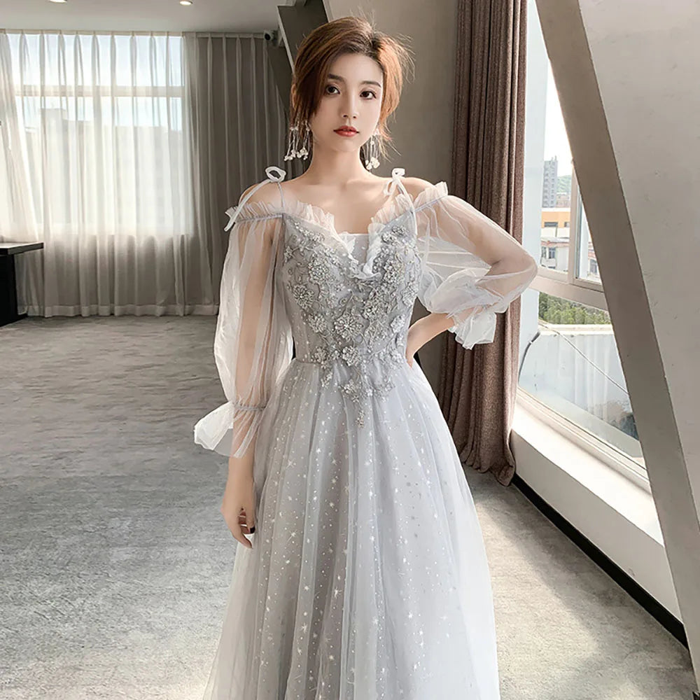 Bridesmaid Dress Women Lantern Sleeve Sequin Tulle Party Dresses Fairy Stage Performance Elegant Ladies Banquet Evening Gown - Seprincess