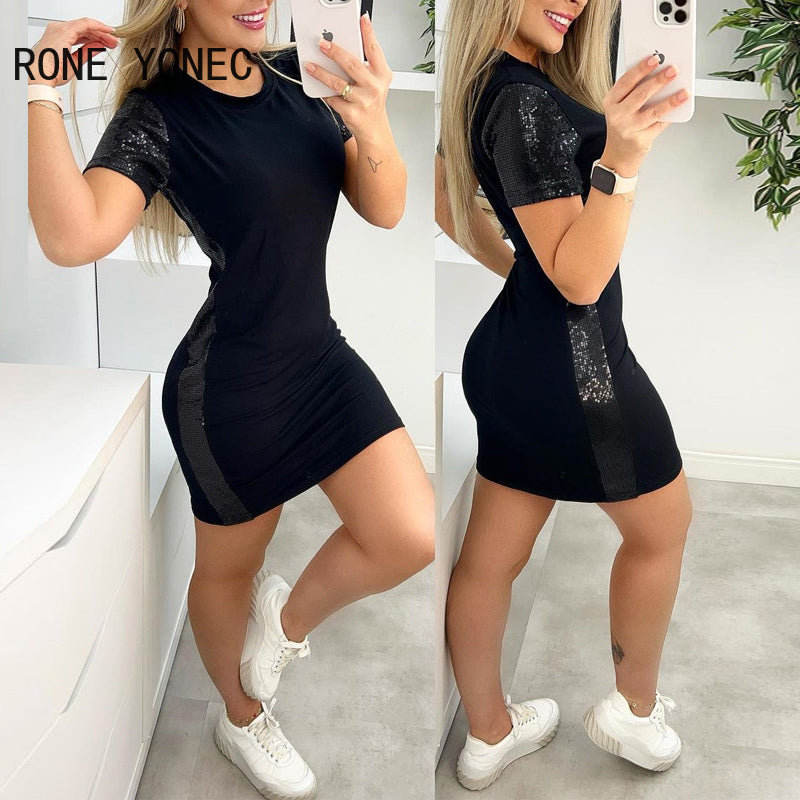 Women Elegant Chic Short Sleeves Sequins Patchwork Mini Sexy Casual Bodycon Black Dresses - Seprincess