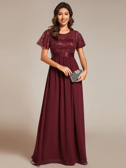 Elegant Evening Dresses Round-Neck Sequin High Waist Short-Sleeved Formal 2024 Ever Pretty of Burgundy Bridesmaid dress - Seprincess