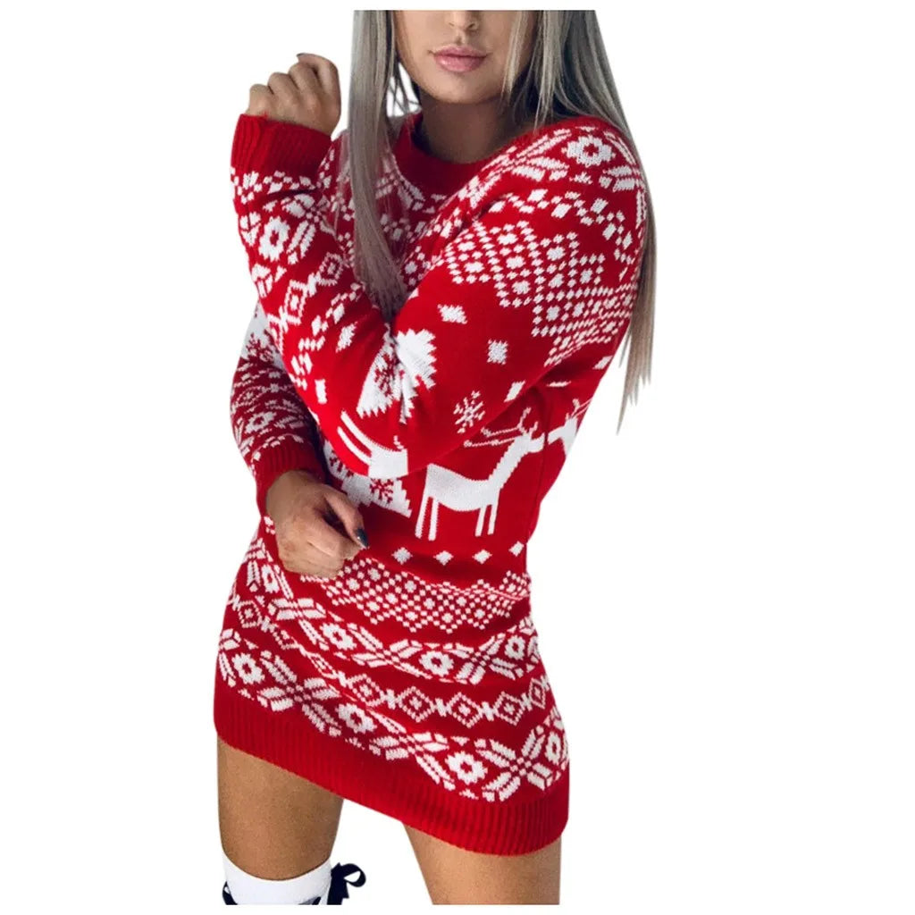 2024 Winter Knitted Women'S Sweater Dress Christmas Solid Dresses Female Elegant Thicken Warm New Year Christmas Clothes Sweater - Seprincess