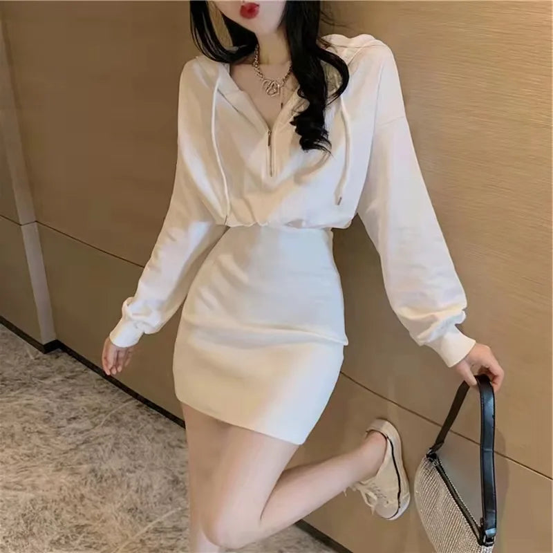 Sexy Slim Female Dress 2022 Summer New Solid Puff Long Sleeve Short Hooded Sweater Skirt High Waist Bag Hip Women Dresses - Seprincess