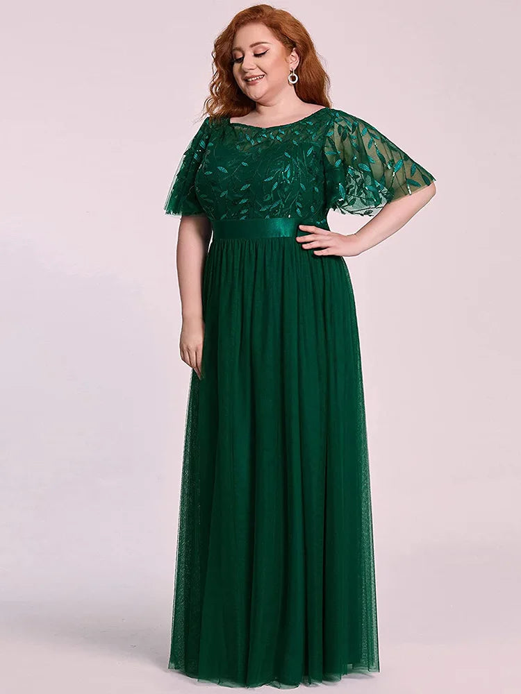 2023 NEW Plus Size Dress  Robe De Soiree Sparkle Evening Dresses Long A-Line O-Neck Short Sleeve LONG Formal Dresses