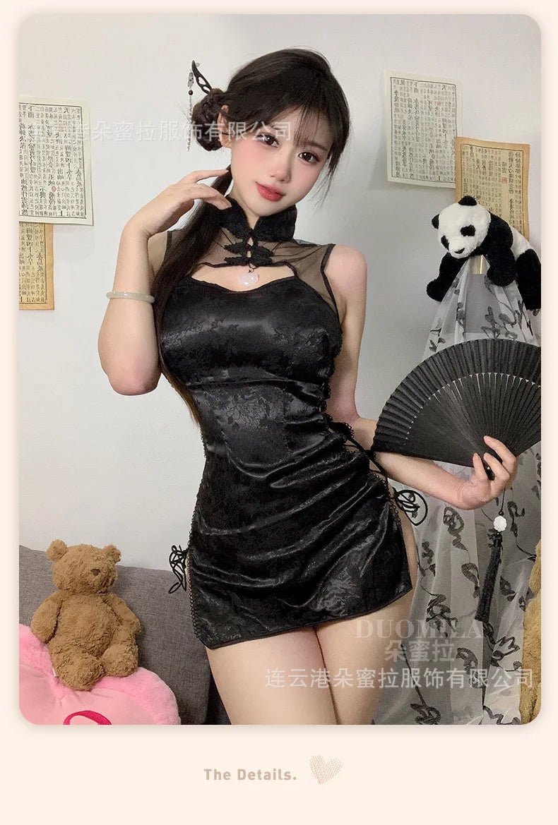 Sexy Cheongsam Mini Dress Mesh Lace Sheer Charming Underwear Uniform Transparent Slim Side Straps Dress Elegant Tops HE1O - Seprincess