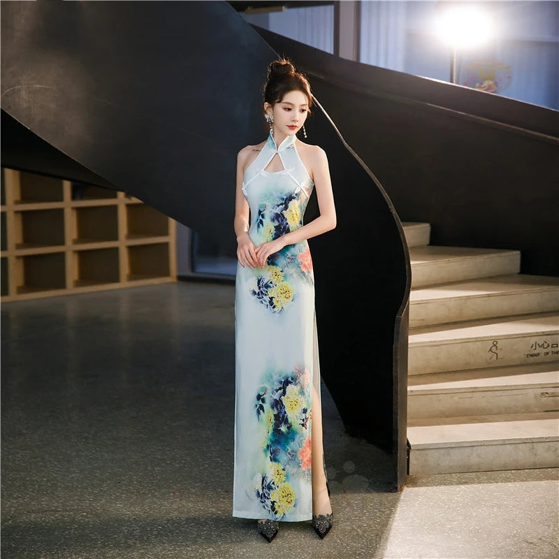 Sexy Halter Cheongsam Lady Split Qipao New Chinese Style Improved Dress Gown Satin Cheongsams Hollow Out Vestidos Bigsize 4Xl5Xl - Seprincess