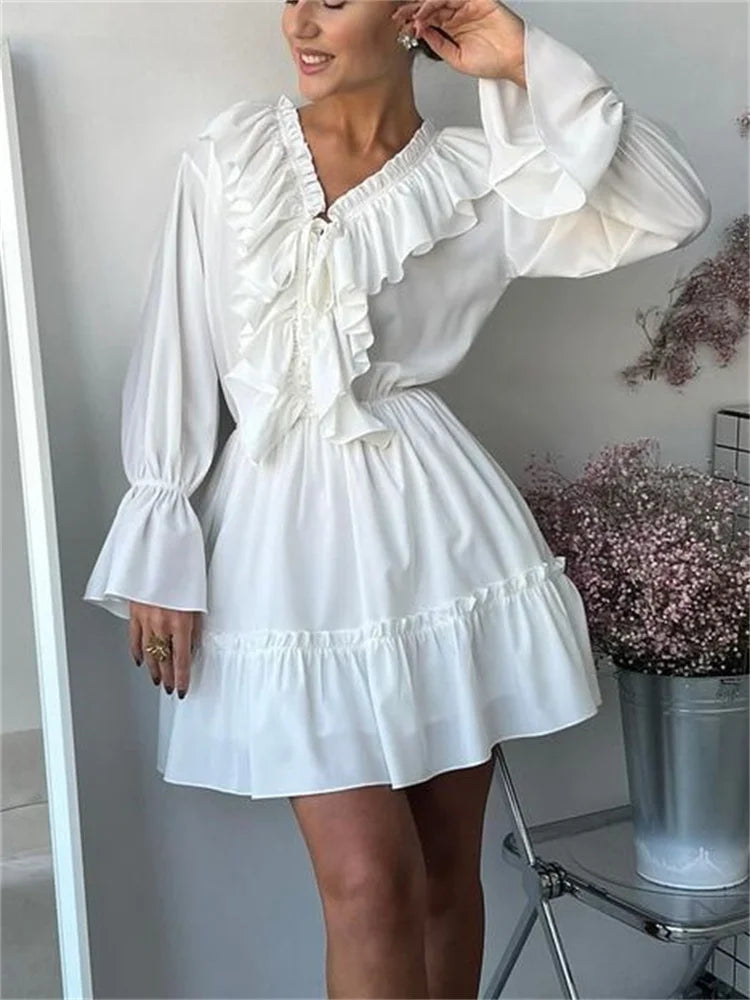 Tossy Ruffled V-Neck White Mini Dress Female Patchwork Long Sleeve Elegant Bandage Fashion Dress High Waist Lace-Up Women Dress - Seprincess