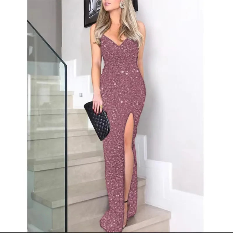 Women's Luxurious Sparkling Prom Dress V Neck Perspective Sequins Evening Party Dress Side Split Formal Long Sexy Dress - Seprincess