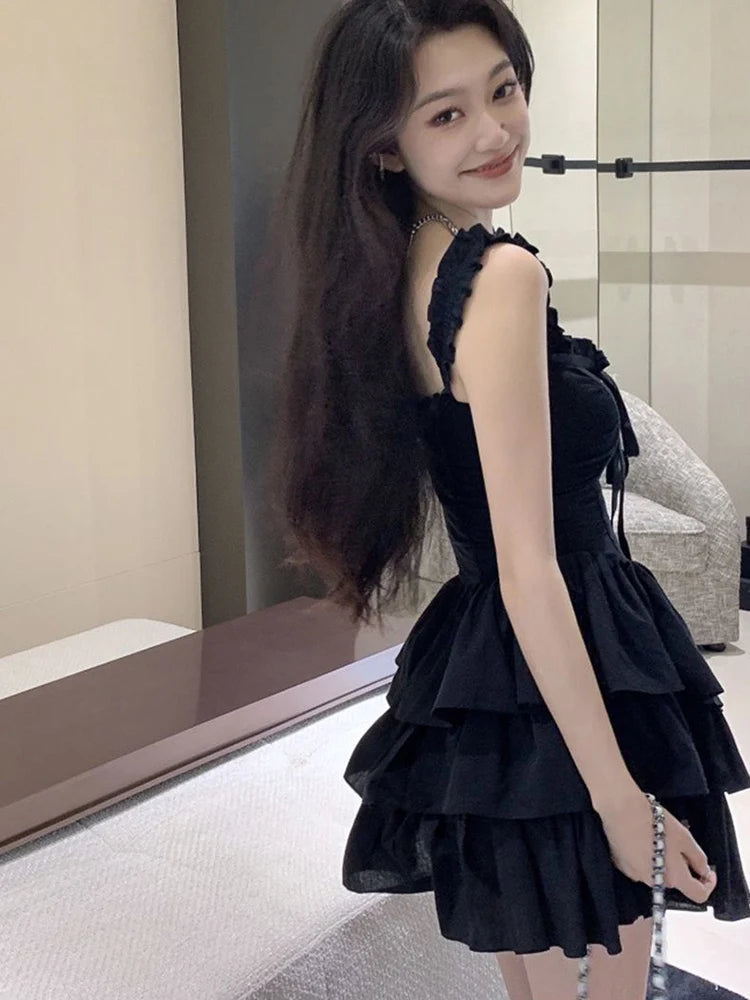 Jmprs Sexy Slip Lolita Style Black Dress Women Vintage Sleeveless Y2K Mini Dress Summer Slim Sweet Korean Lace Up Cake Dress New - Seprincess