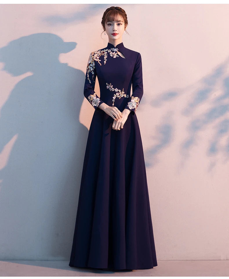 Women Chinese Long Qipao Evening Party Dress Embroidery Applique Vestidos Pleated Dress Elegant Long Sleeve Cheongsam Prom Dress - Seprincess