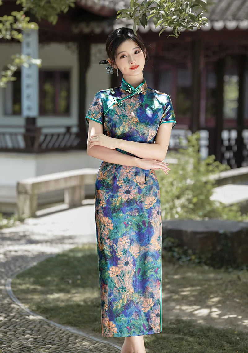 2024 Summer Autumn New Cheongsams Blue Flower Print Qipao Oriental Vintage Classical Vestidos Women's Satin Qipao Chinese Dress - Seprincess