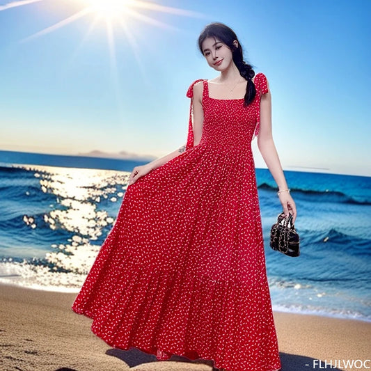 Hot Holiday Red Dresses Honeymoon Sweet 2024 Women Lace-Up Japan Girls Cute Floral Retro Vintage Date Ruffles Long Maxi Dress - Seprincess