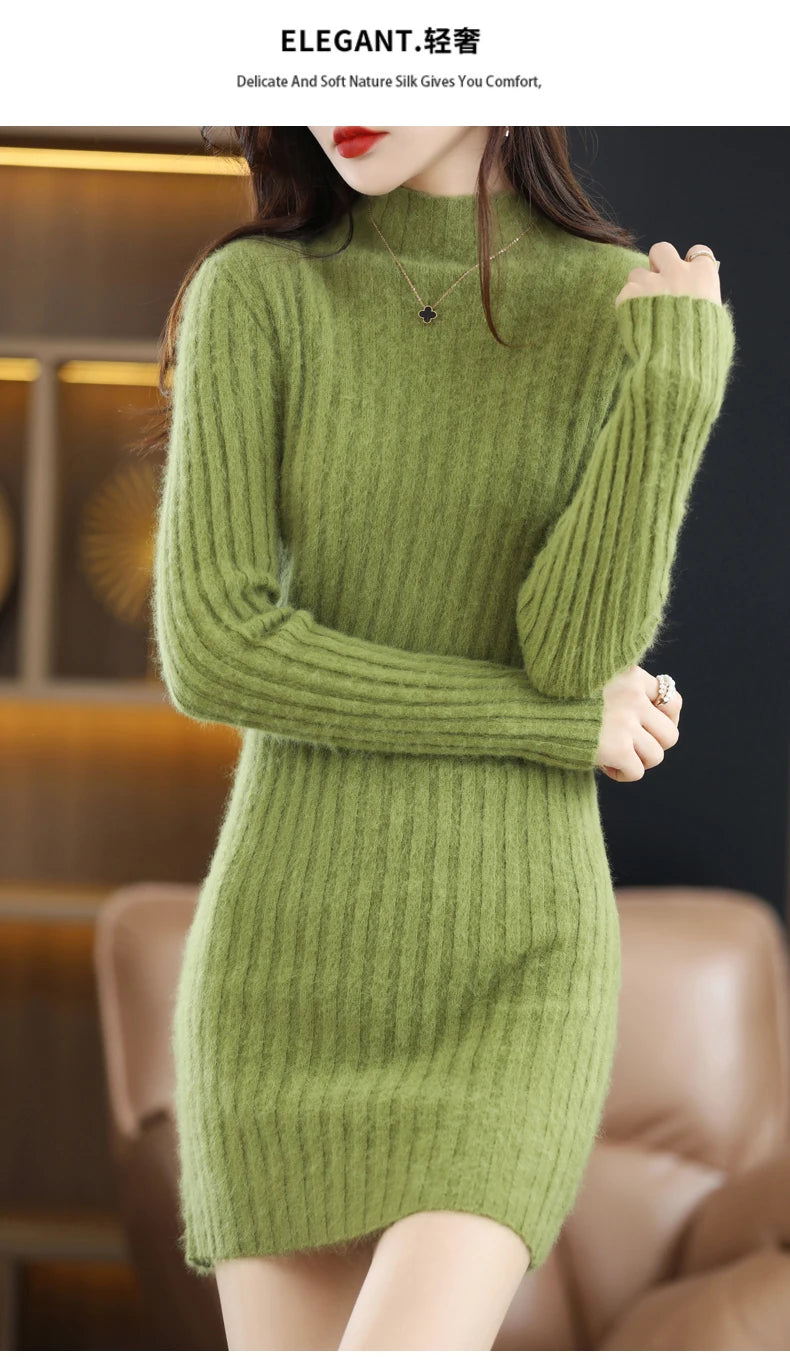 Women's High Collar Winter Warm Long Sleeve Solid Mink Cashmere Korean Version Loose Luxury Soft Cashmere Knitted Fit Dress - Seprincess