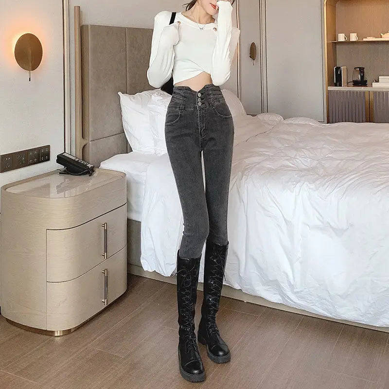 Slim Fit Denim Pants Women Jeans Elastic Pencil Trousers High Waist Ladies Tight Clothing Casual Skinny Women Clothing