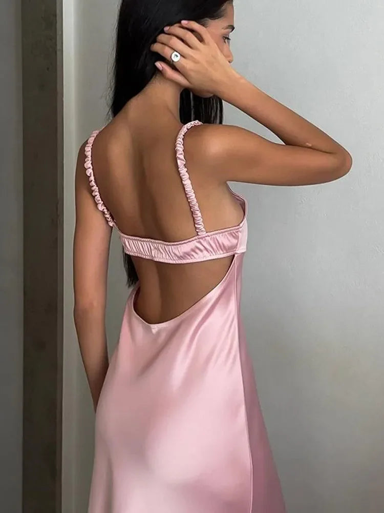 Elegant Pink Satin Backless Sling Dress For Women V Neck Hollow Out Sleeveless Long Dresses New Ladies Party Club Evening Robes - Seprincess