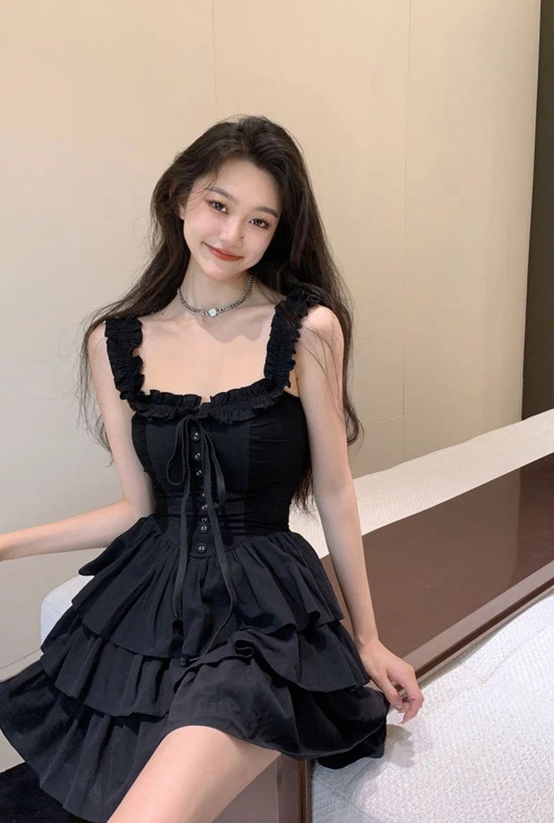 Jmprs Sexy Slip Lolita Style Black Dress Women Vintage Sleeveless Y2K Mini Dress Summer Slim Sweet Korean Lace Up Cake Dress New - Seprincess