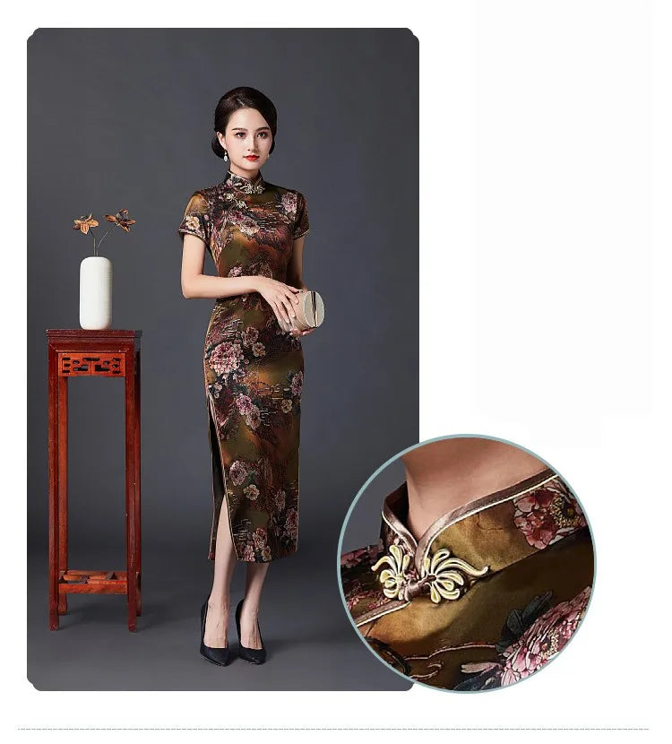 2023 New Vintage Long Cheongsam Women Sexy Slim Split Qipao Classic Chinese Traditional Dress Print Flower Evening Party Dress - Seprincess