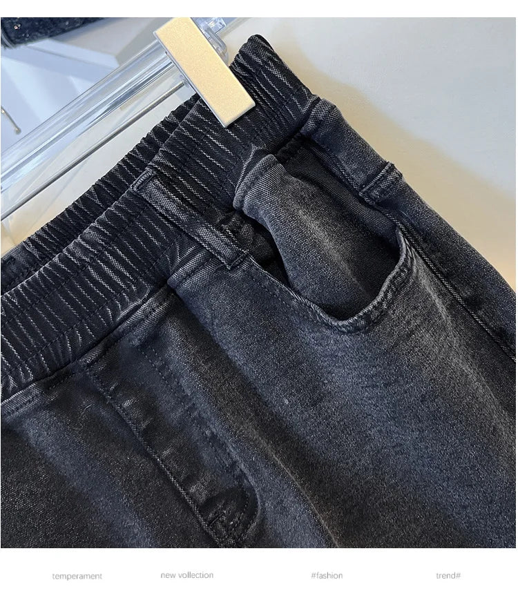 155Kg Plus Size Women's Jeans Hip 150-160 High Waist Casual Loose Flare Pants Trousers Black Black-Gray 5XL 6XL 7XL 8XL 9XL