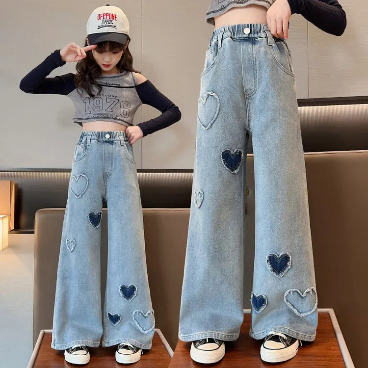 Kids Jeans For Girls Heart Pattern Kids Jeans Girls Spring Autumn Jeans For Casual Children's Jeans Clothes 6 8 10 12 14 16 Year