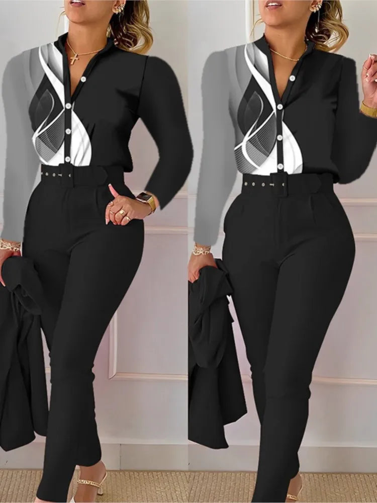 Elegant Women Shirt Two Piece Set Suits Fall New Fashion Print Long Sleeve Top Black Pants Set With Belt Blouses Female Clothing - Seprincess