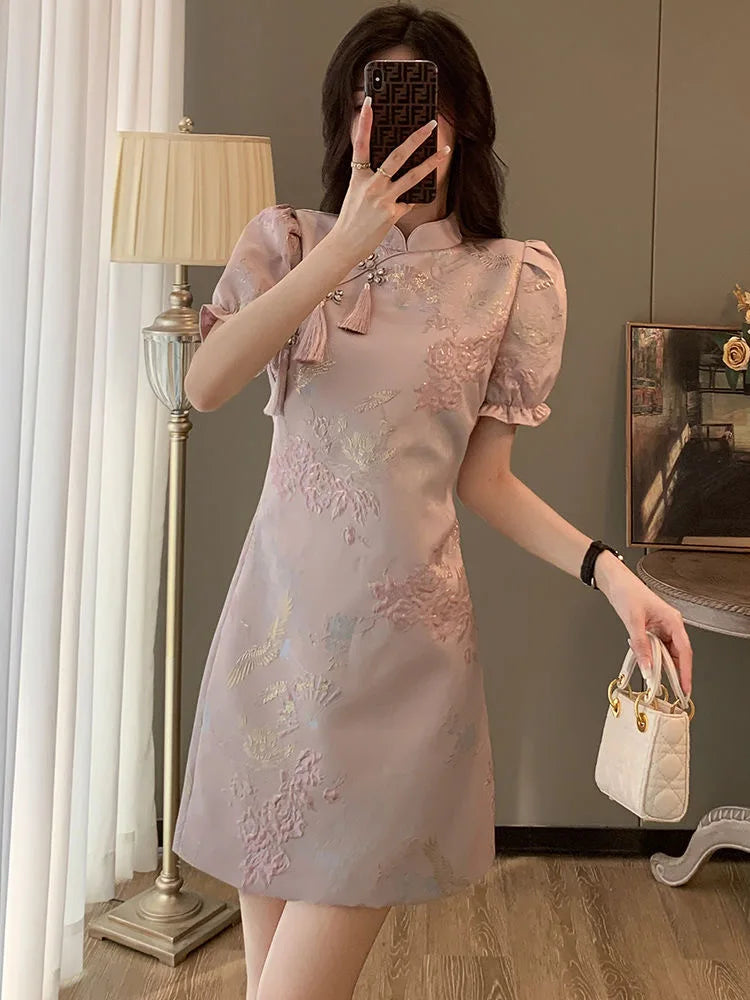 Chinese Style Elegant Cheongsams Dress Summer Women Vintage Floral Embroidery Qipao Mini Dress Lady Chic Tassels Slim Vestidos - Seprincess