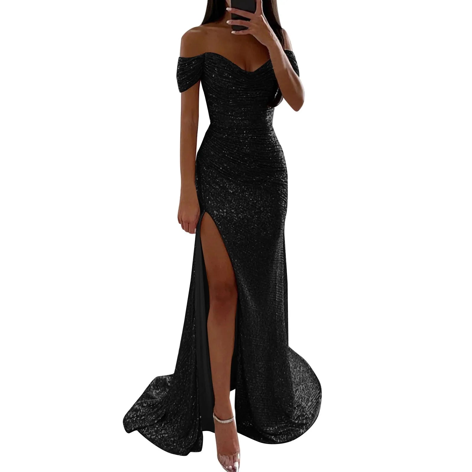 Women's Prom Party Sexy High Slit Dress Sequin Off The Shoulder Long Maxi Dress Short Sleeve Bodycon Elegant Night Dresses - Seprincess