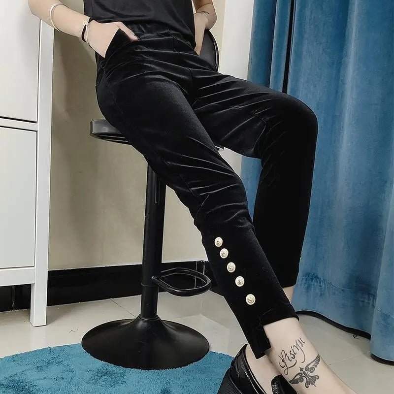 Casual Women's Solid Color Straight Cropped Pants Autumn Winter Fashion High Waist Elastic Chic Button Asymmetrical Trousers New